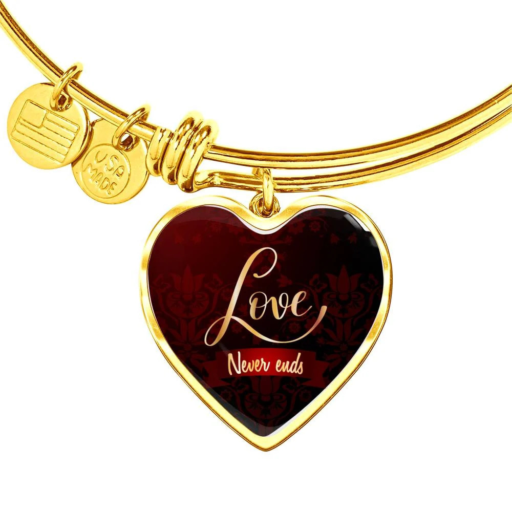 Love Never Ends Personalized Engraved Gold Heart Bangle Bracelet Custom Name